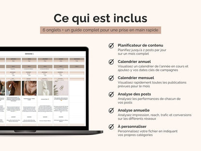 Ce qui est inclus dans le calendrier éditorial pour réseaux sociaux : planificateur de contenu, calendrier annuel automatisé, calendrier mensuel automatisé, analyse des posts, analyse des performances annuelles