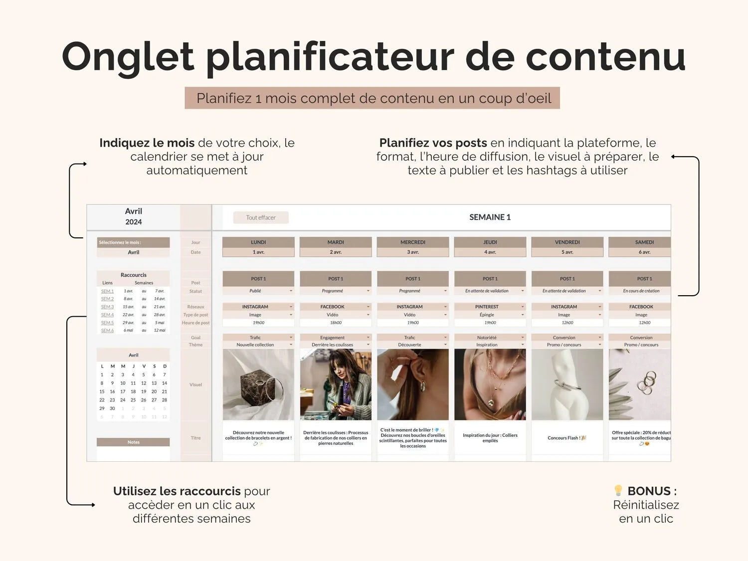 Planificateur de contenu : planifiez vos posts en indiquant la plateforme, le format, l’heure de diffusion, le visuel à préparer, le texte à publier et les hashtags à utiliser