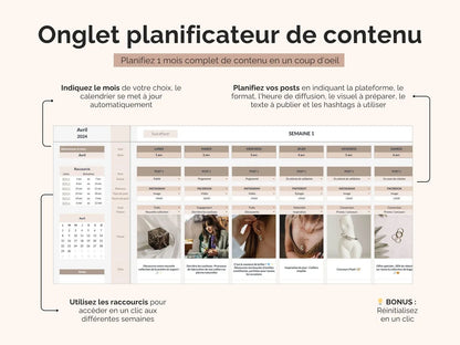 Planificateur de contenu : planifiez vos posts en indiquant la plateforme, le format, l’heure de diffusion, le visuel à préparer, le texte à publier et les hashtags à utiliser