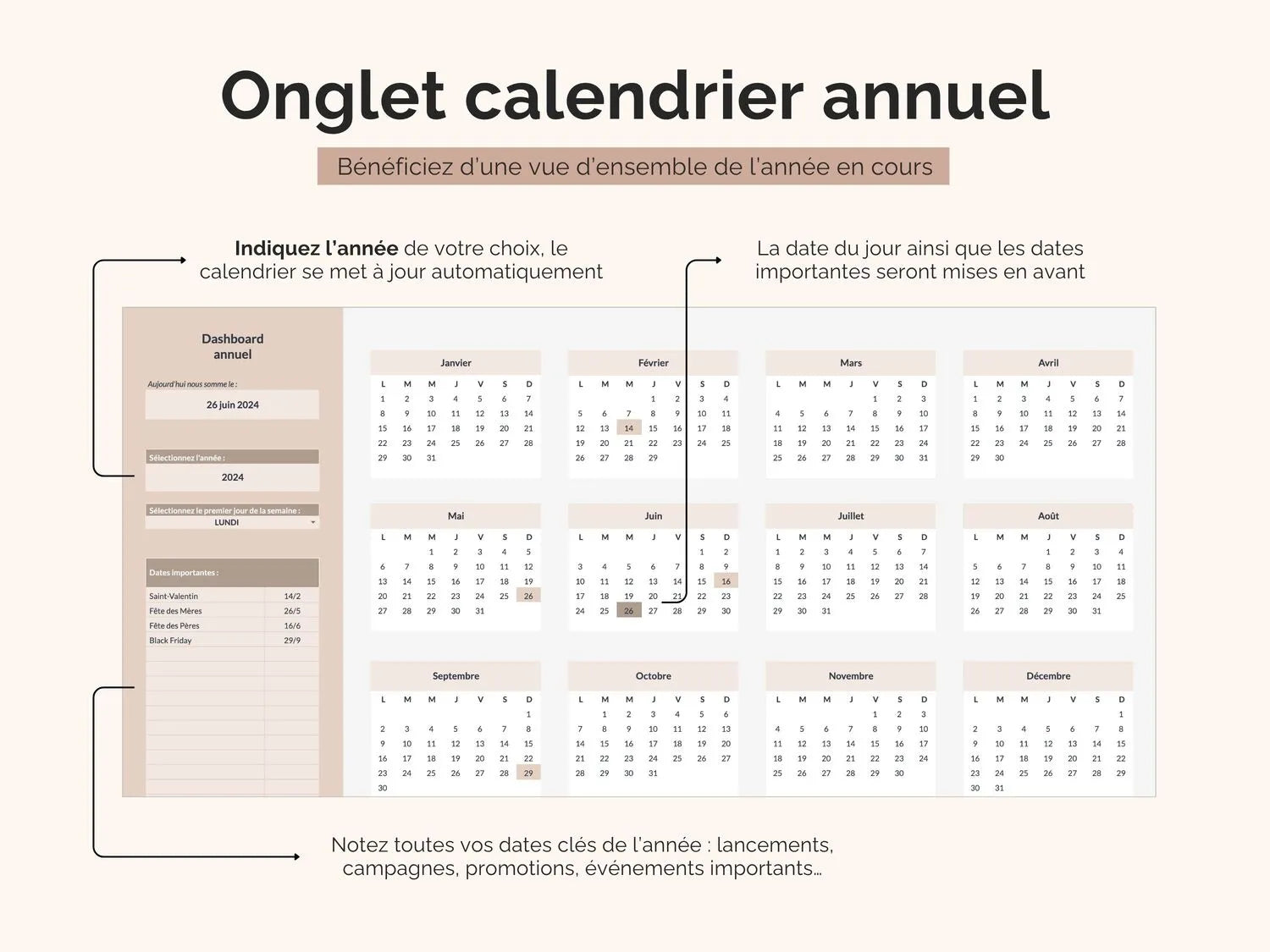 Calendrier annuel automatisé : notez toutes vos dates clés de l’année : lancements, campagnes, promotions, événements importants… le calendrier se met à jour automatiquement