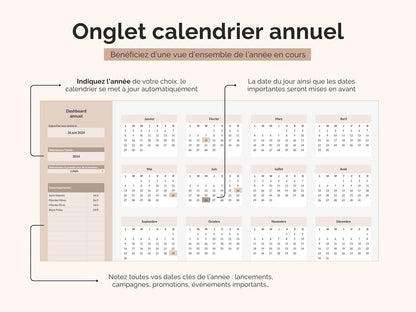Calendrier annuel automatisé : notez toutes vos dates clés de l’année : lancements, campagnes, promotions, événements importants… le calendrier se met à jour automatiquement