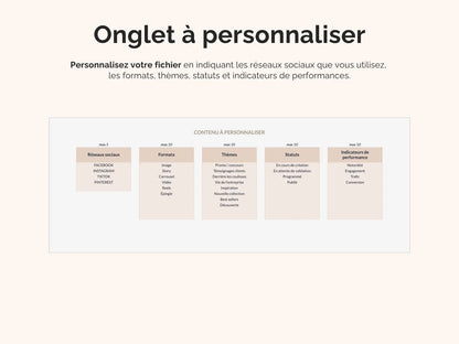 Personnalisez votre fichier en indiquant les réseaux sociaux que vous utilisez, 
les formats, thèmes, statuts et indicateurs de performances.