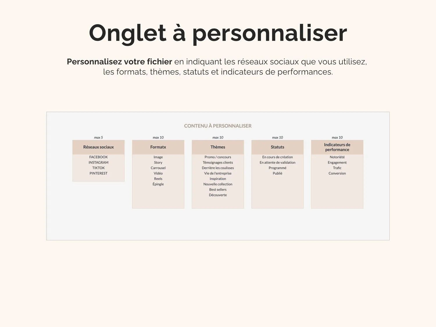 Personnalisez votre fichier en indiquant les réseaux sociaux que vous utilisez, 
les formats, thèmes, statuts et indicateurs de performances.
