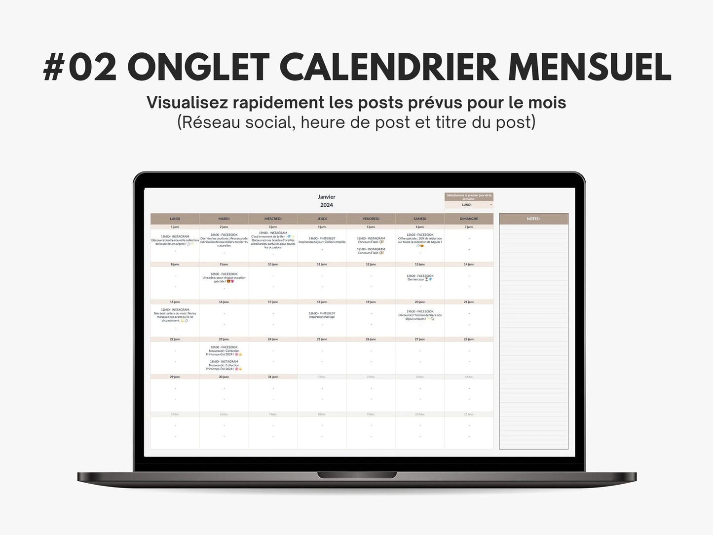 Calendrier éditorial mensuel social media Google sheets