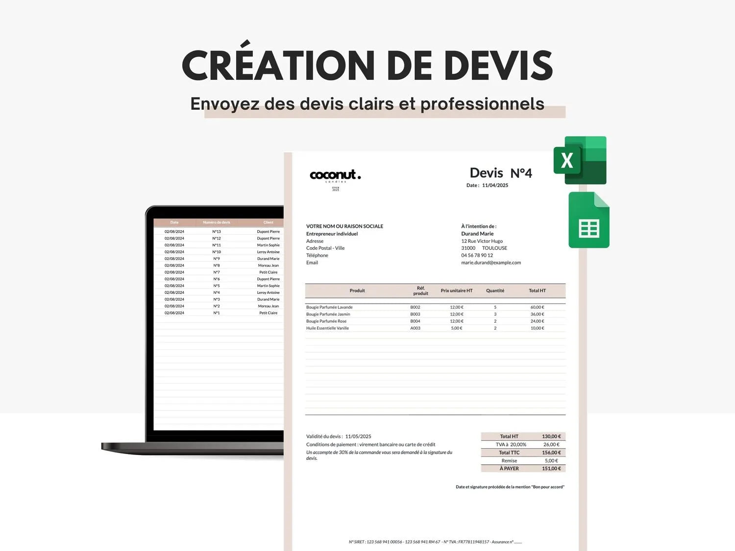 Devis pour auto entrepreneurs sur Google sheets et Excel