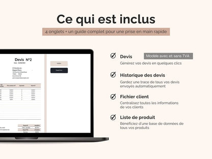 Ce qui est inclus dans le modèle de devis automatisé : générateur de devis, historique, fichier client et liste des produits