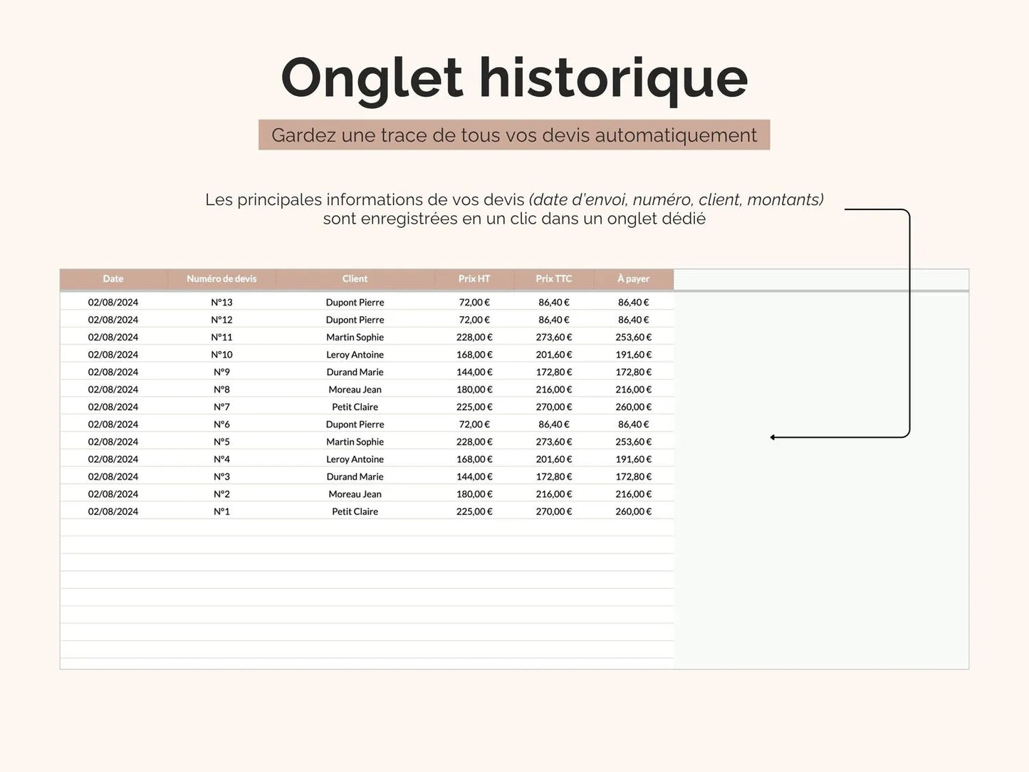 Onglet historique : gardez une trace de tous vos devis automatiquement
