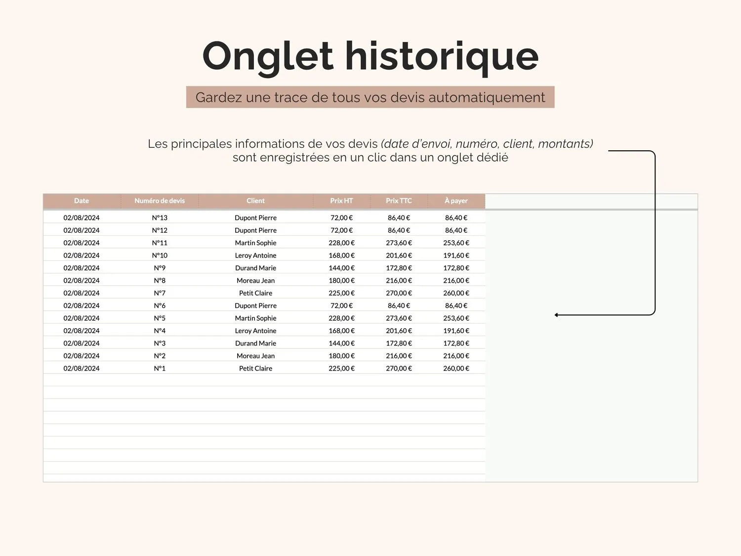 Onglet historique : gardez une trace de tous vos devis automatiquement