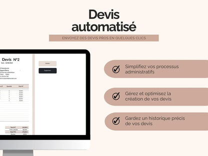 Grâce au modèle de devis automatisé : 
- Simplifiez vos processus administratifs
- Gérez et optimisez la création de vos devis