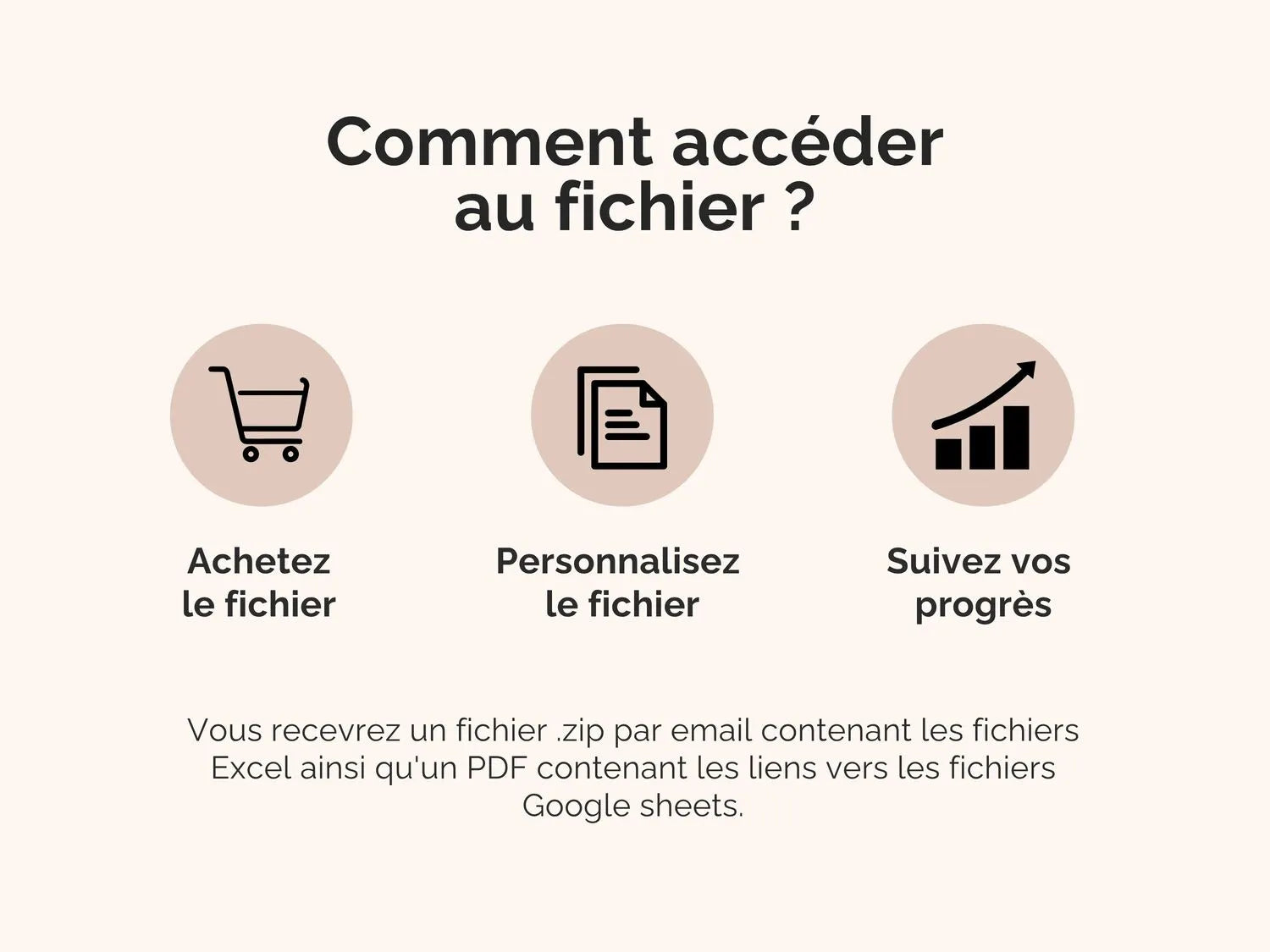 Comment accéder au fichier ?
Vous recevrez un fichier .zip par email contenant les fichiers Excel ainsi qu'un PDF contenant les liens vers les fichiers Google sheets.