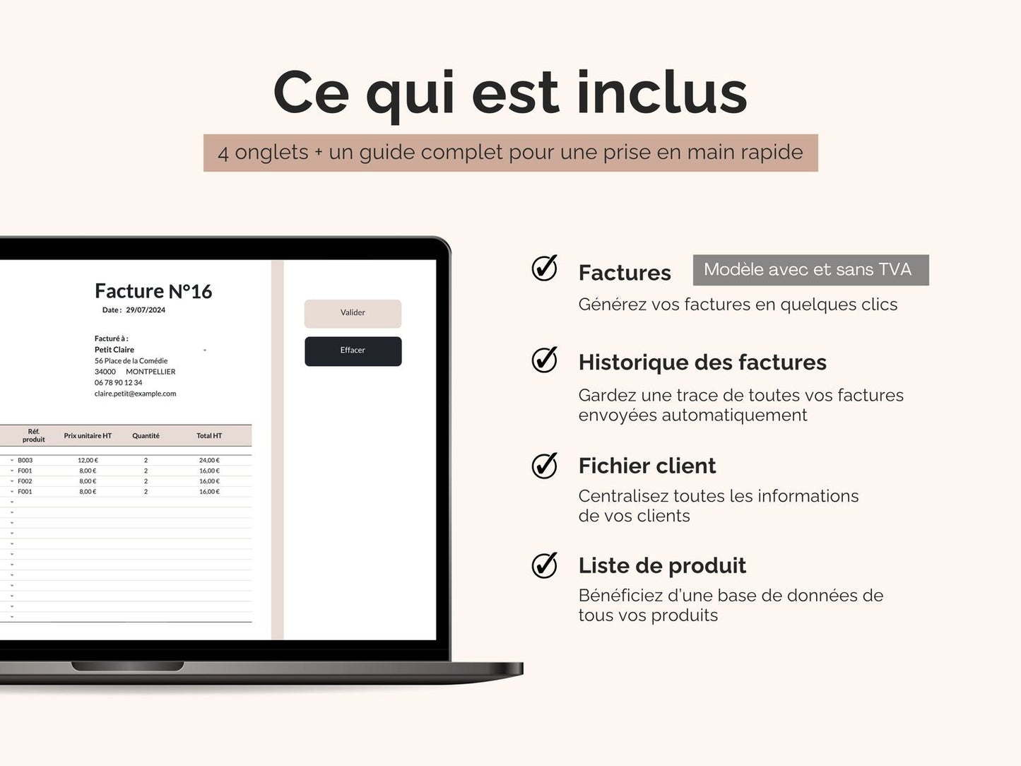Ce qui est inclus dans le modèle de facture automatisée : générateur de factures, historique, fichier client et liste des produits