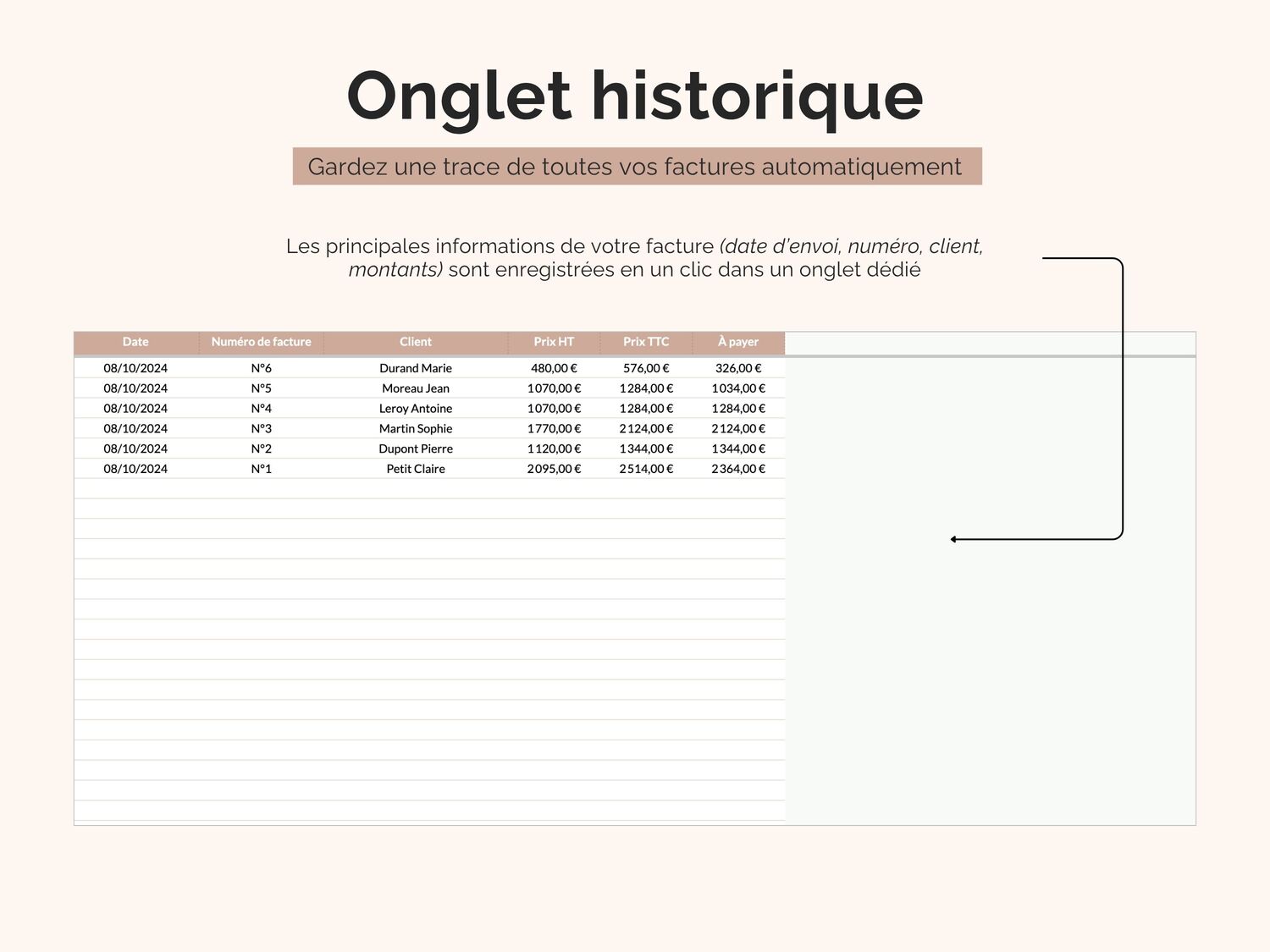 Onglet historique : gardez une trace de toutes vos factures automatiquement