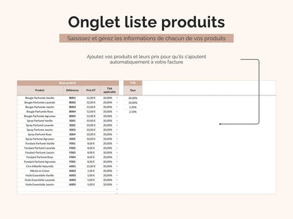 Onglet liste produits : saisissez et gérez les informations de chacun de vos produits