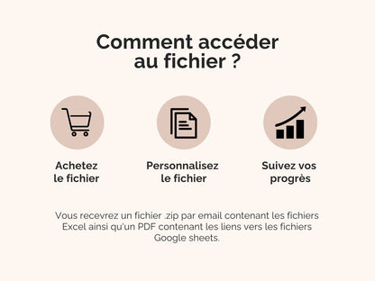 Comment accéder au fichier ?
Vous recevrez un fichier .zip par email contenant les fichiers Excel ainsi qu'un PDF contenant les liens vers les fichiers Google sheets.