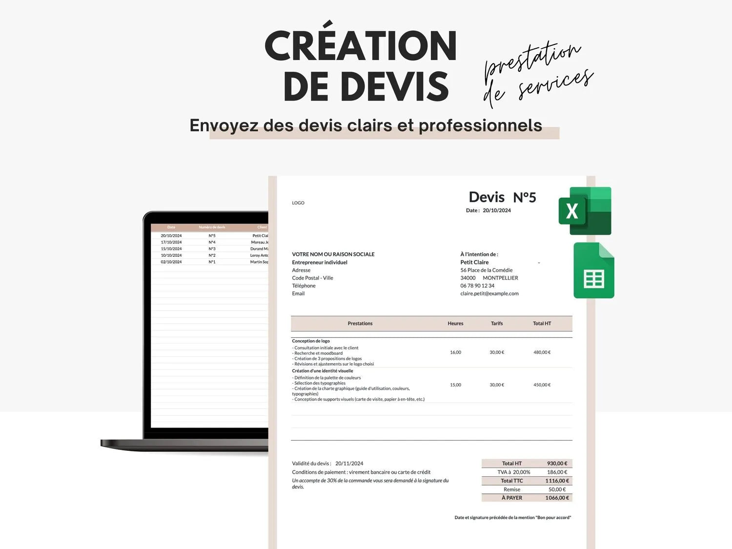 Devis prestation de services Excel Google sheets