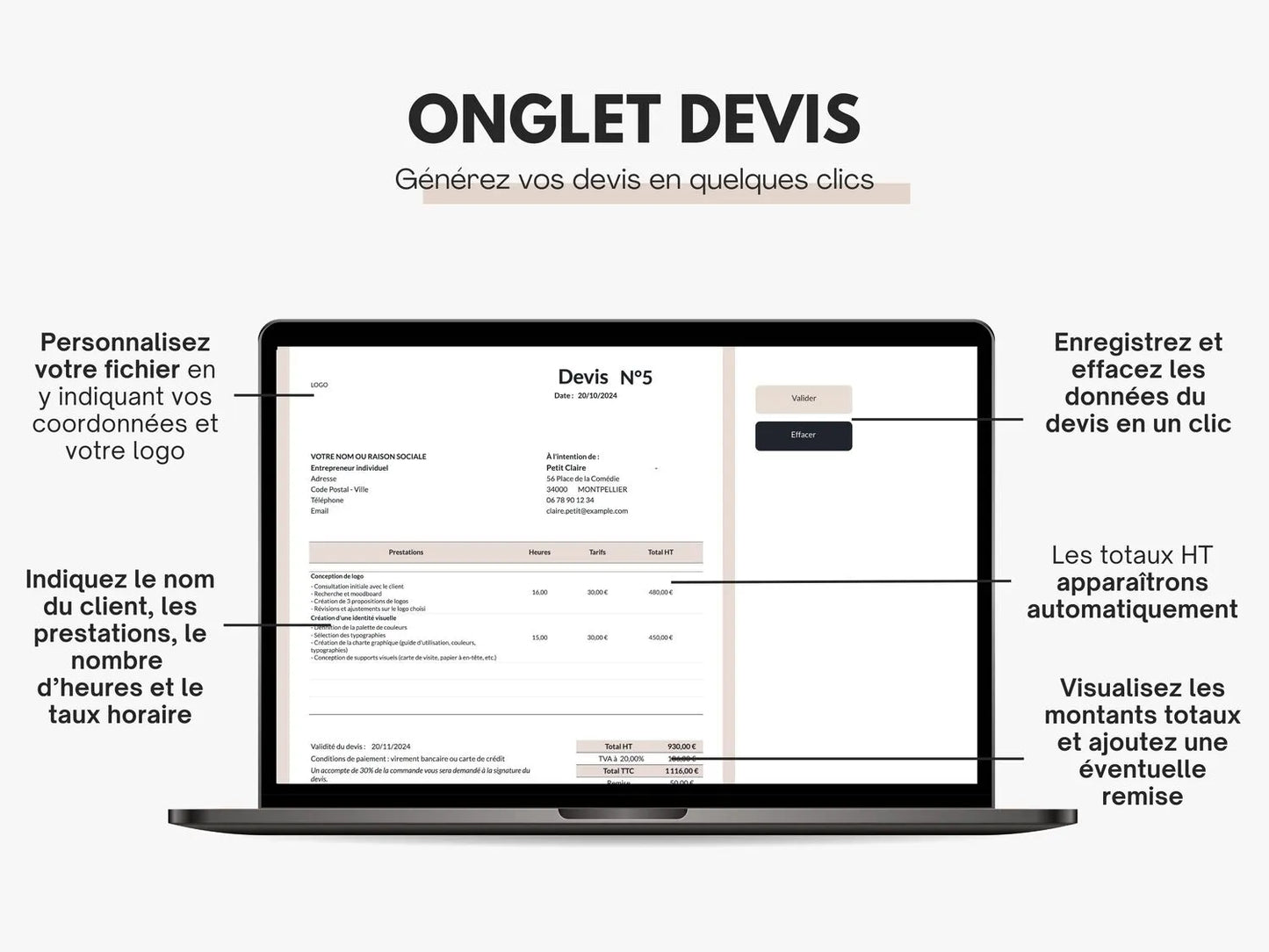 Devis prestation de services Excel Google sheets