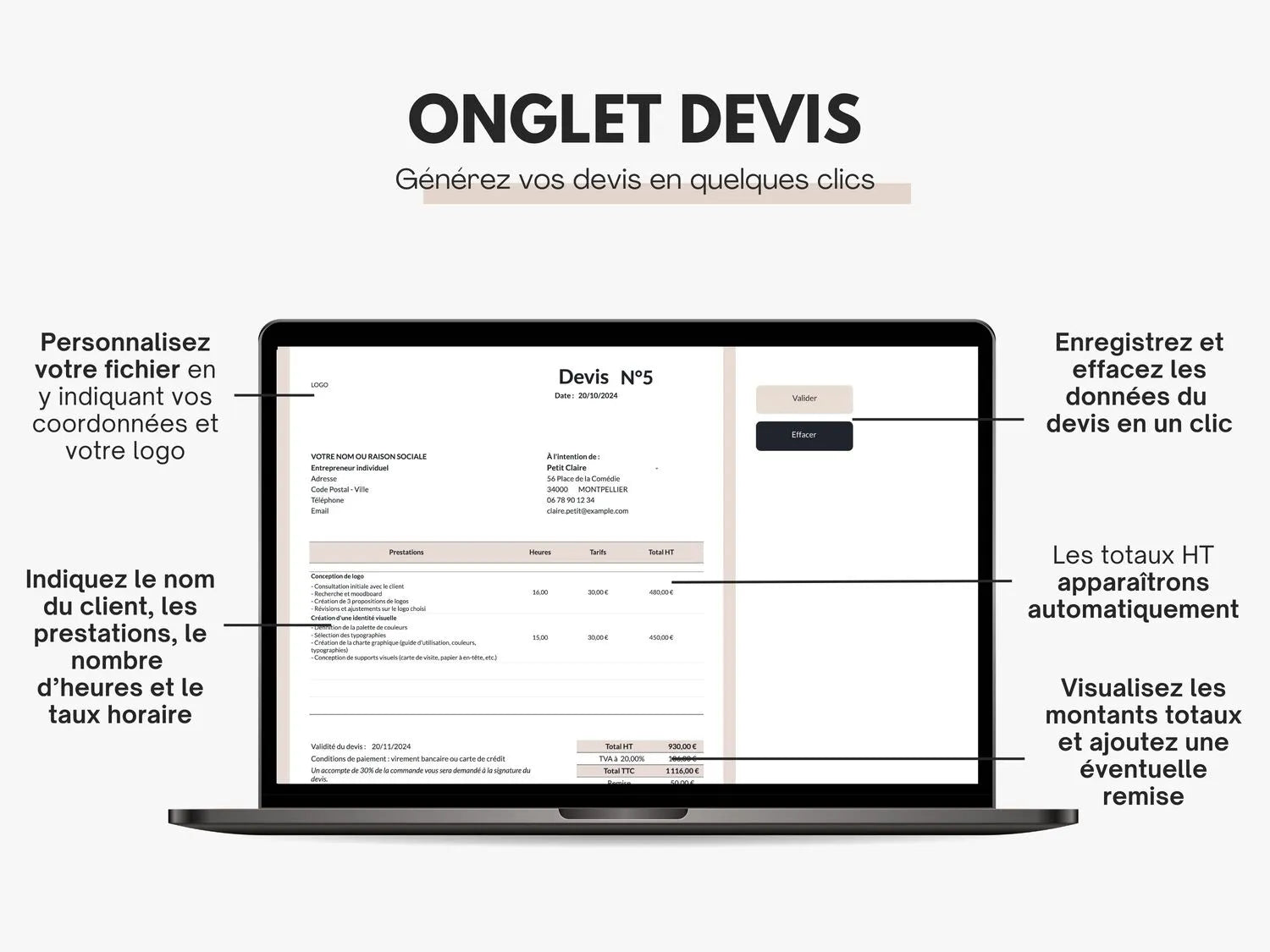 Devis prestation de services Excel Google sheets