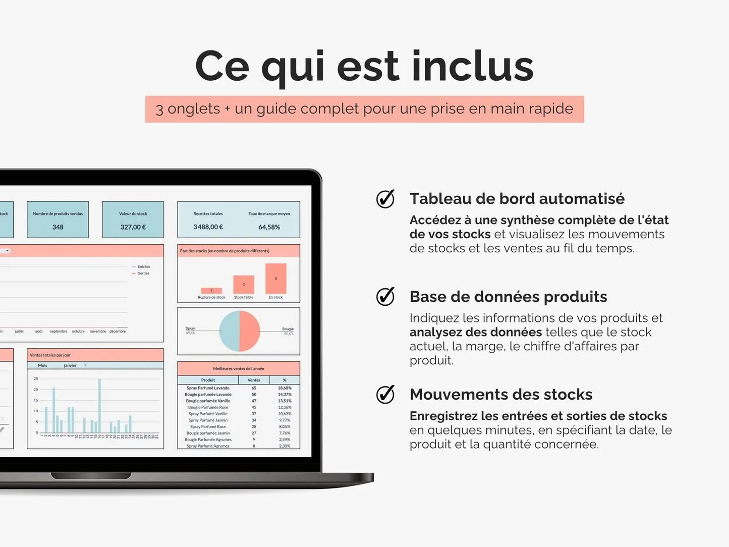 Ce qui est inclus dans le fichier gestion des stocks Excel Google sheets : tableau de bord automatisé, base de données produits et mouvement de stocks
