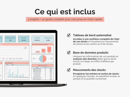 Ce qui est inclus dans le fichier gestion des stocks Excel Google sheets : tableau de bord automatisé, base de données produits et mouvement de stocks