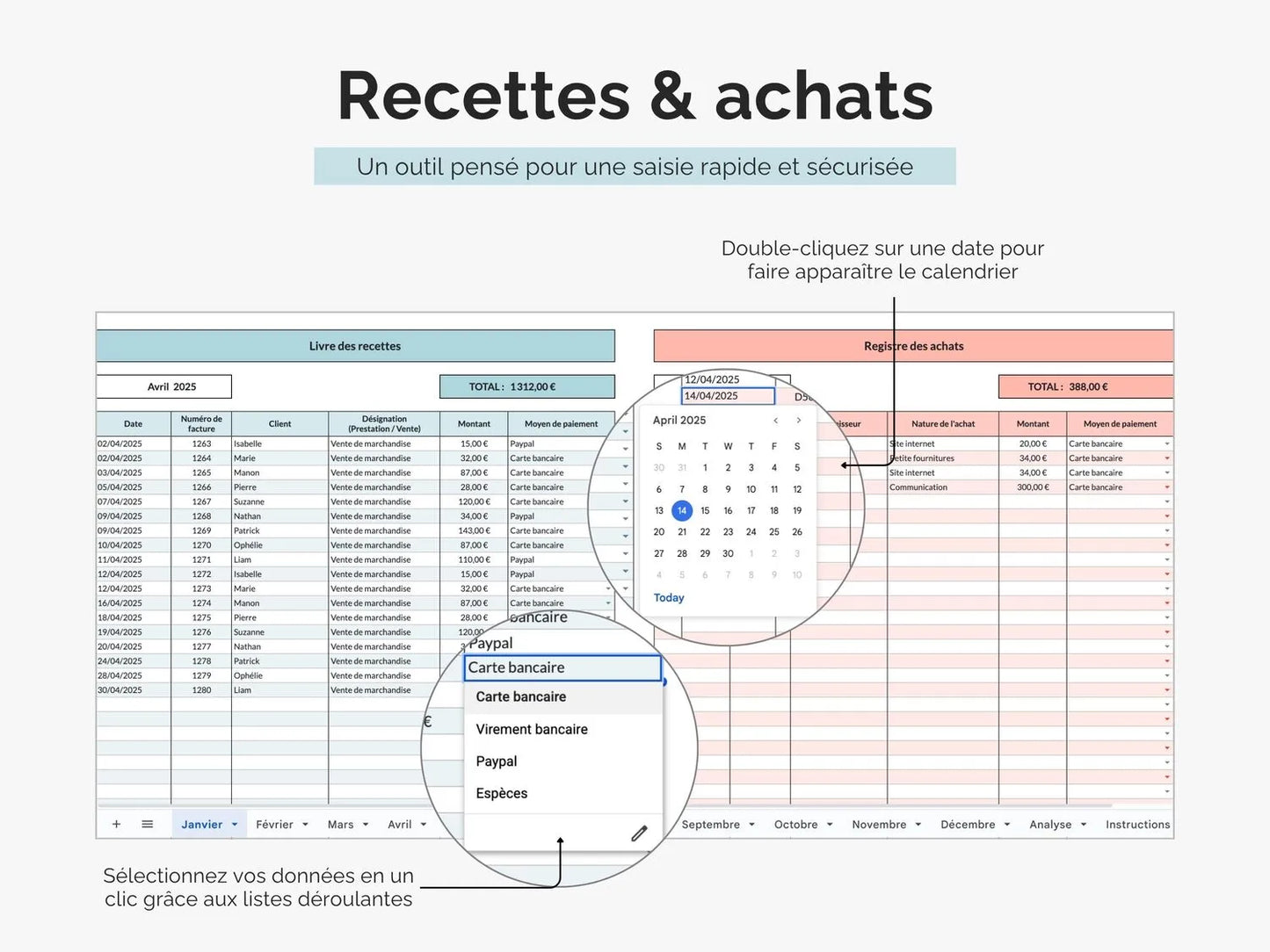 Livre des recettes et registre des achats micro entreprise : un outil Excel et Google sheets pensé pour une saisie rapide et sécurisée