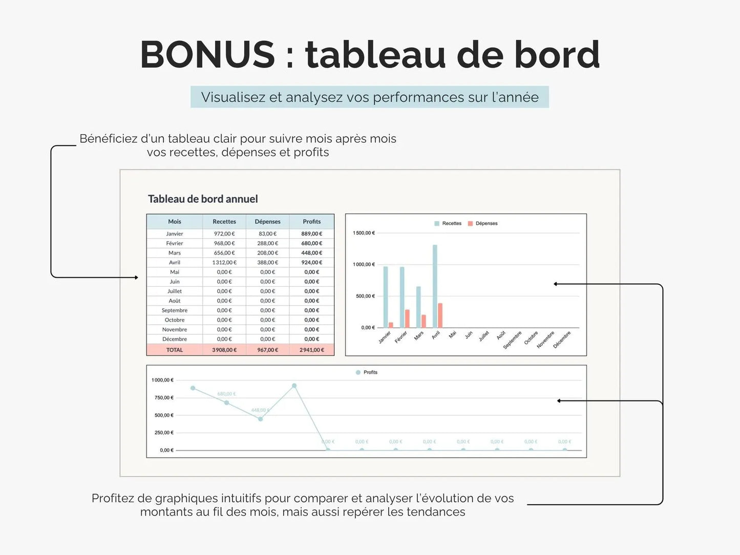 Livre des recettes et registre des achats micro entreprise : un tableau de bord Excel et Google sheets pour visualisez et analysez vos performances sur l'année