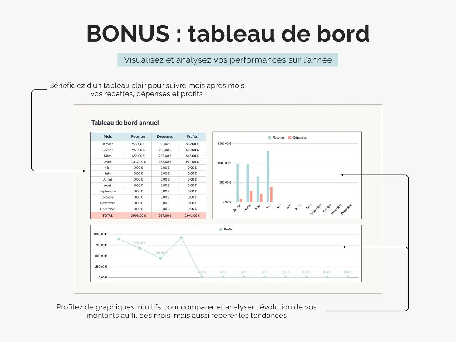 Livre des recettes et registre des achats micro entreprise : un tableau de bord Excel et Google sheets pour visualisez et analysez vos performances sur l'année
