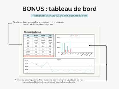 Livre des recettes et registre des achats micro entreprise : un tableau de bord Excel et Google sheets pour visualisez et analysez vos performances sur l'année