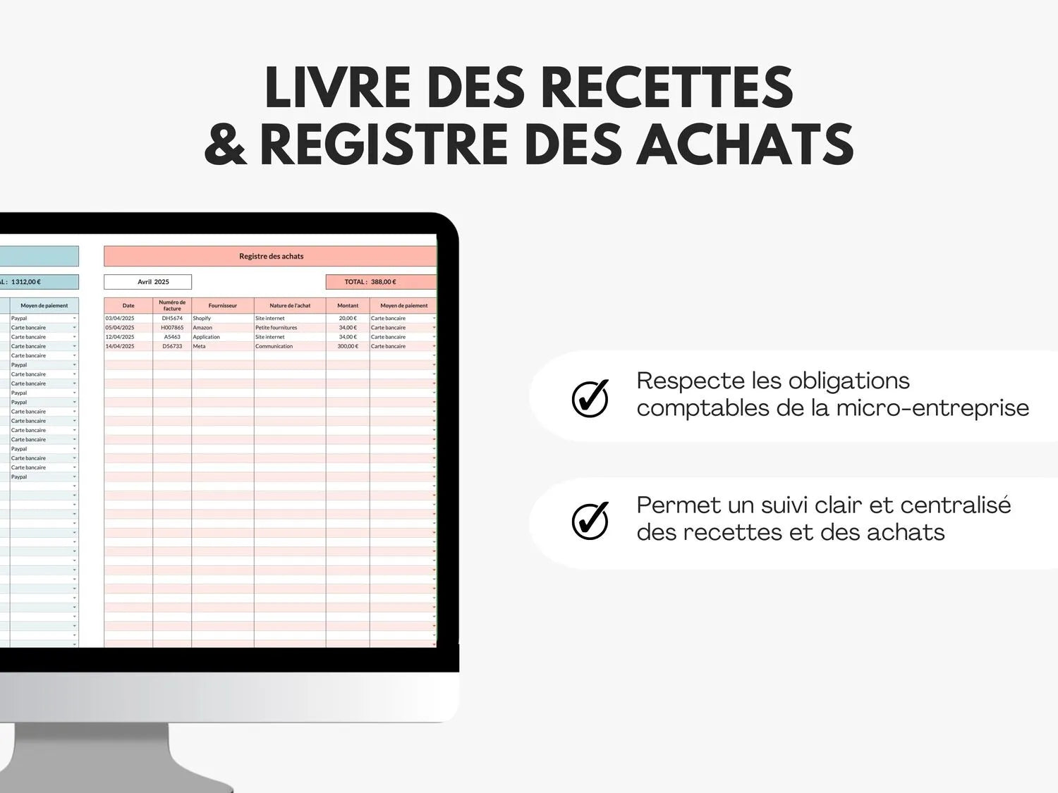 Livre des recettes et registre des achats pour micro entreprise Google sheets