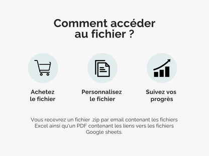 Comment accéder au fichier ?
Vous recevrez un fichier .zip par email contenant les fichiers Excel ainsi qu'un PDF contenant les liens vers les fichiers Google sheets.