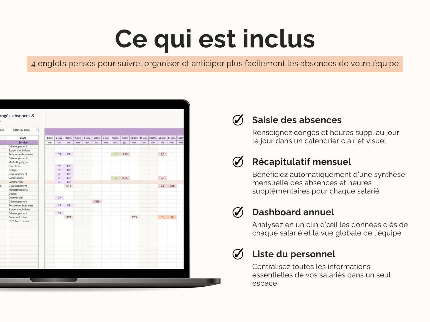 4 onglets pensés pour suivre, organiser et anticiper plus facilement les absences de votre équipe