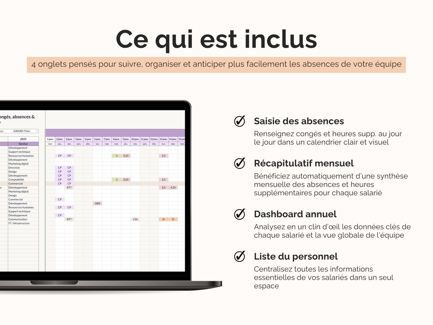 4 onglets pensés pour suivre, organiser et anticiper plus facilement les absences de votre équipe