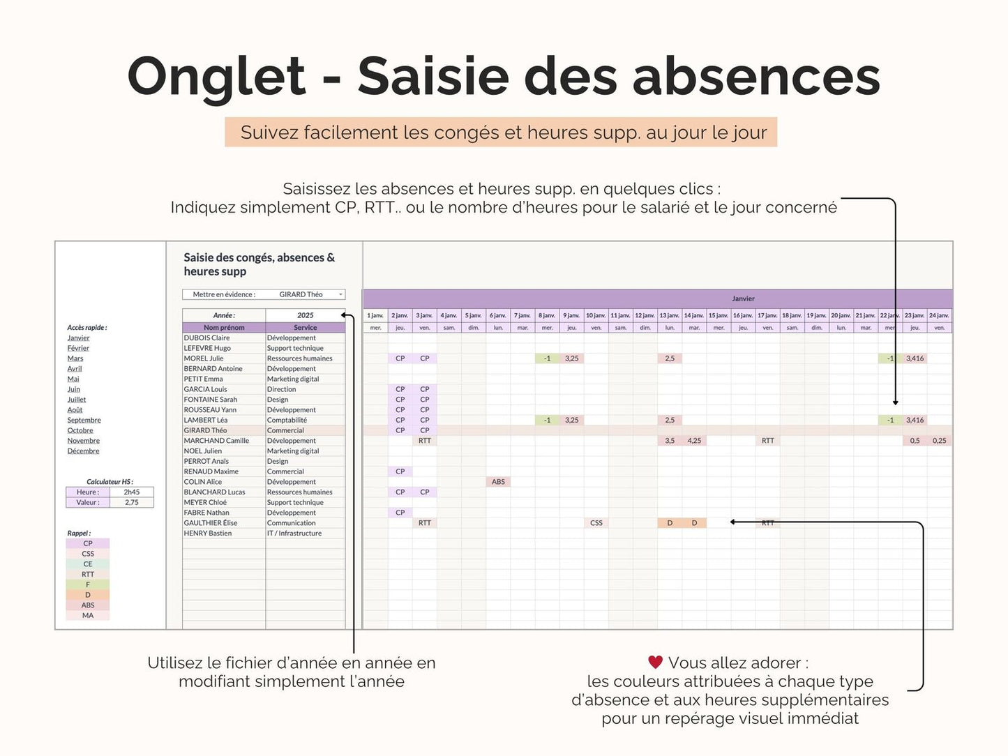 Onglet - Saisie des absences : Saisissez les absences et heures supp. en quelques clics
