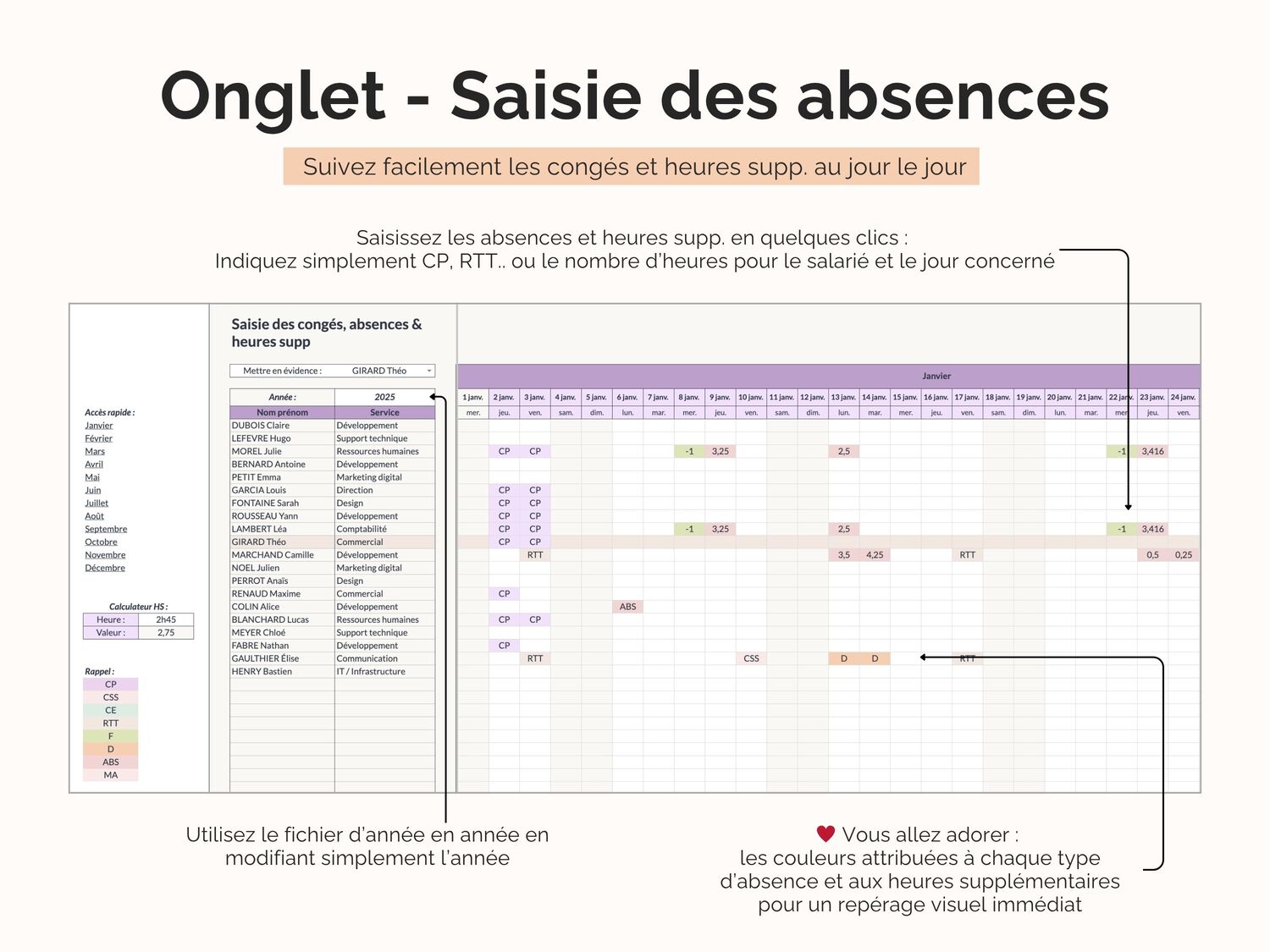 Onglet - Saisie des absences : Saisissez les absences et heures supp. en quelques clics