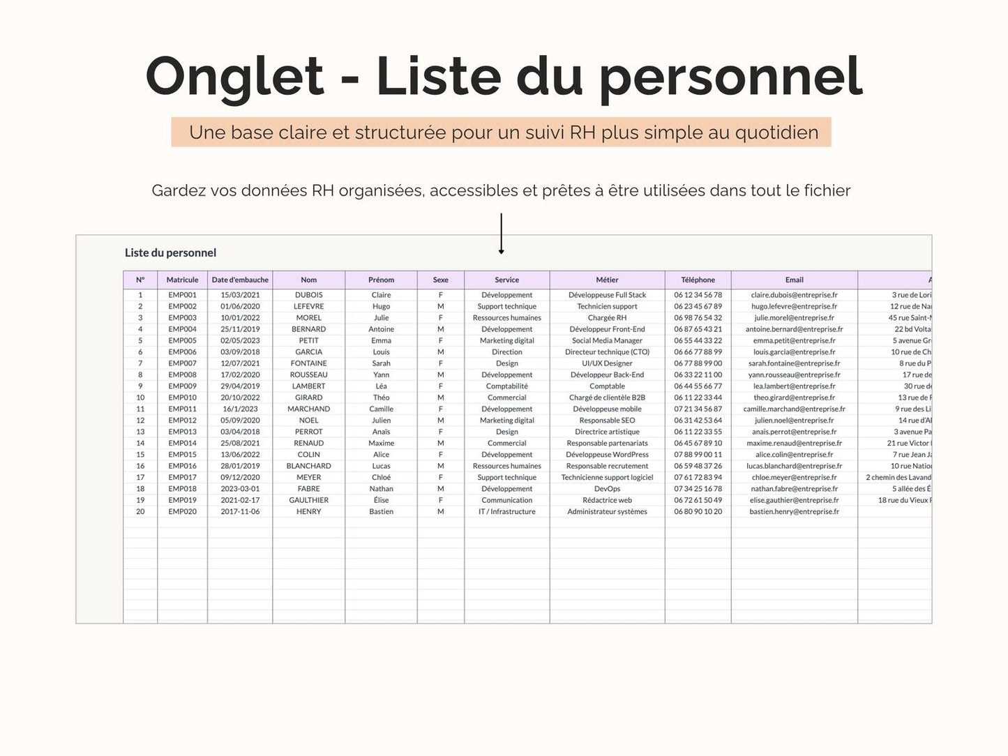 Onglet - Liste du personnel : une base claire et structurée pour un suivi RH plus simple au quotidien