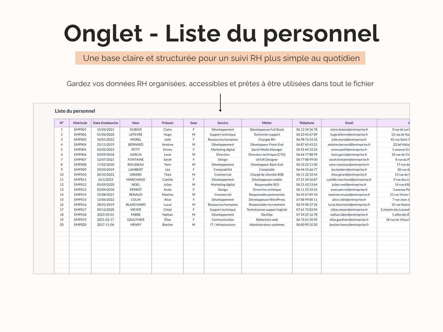 Onglet - Liste du personnel : une base claire et structurée pour un suivi RH plus simple au quotidien