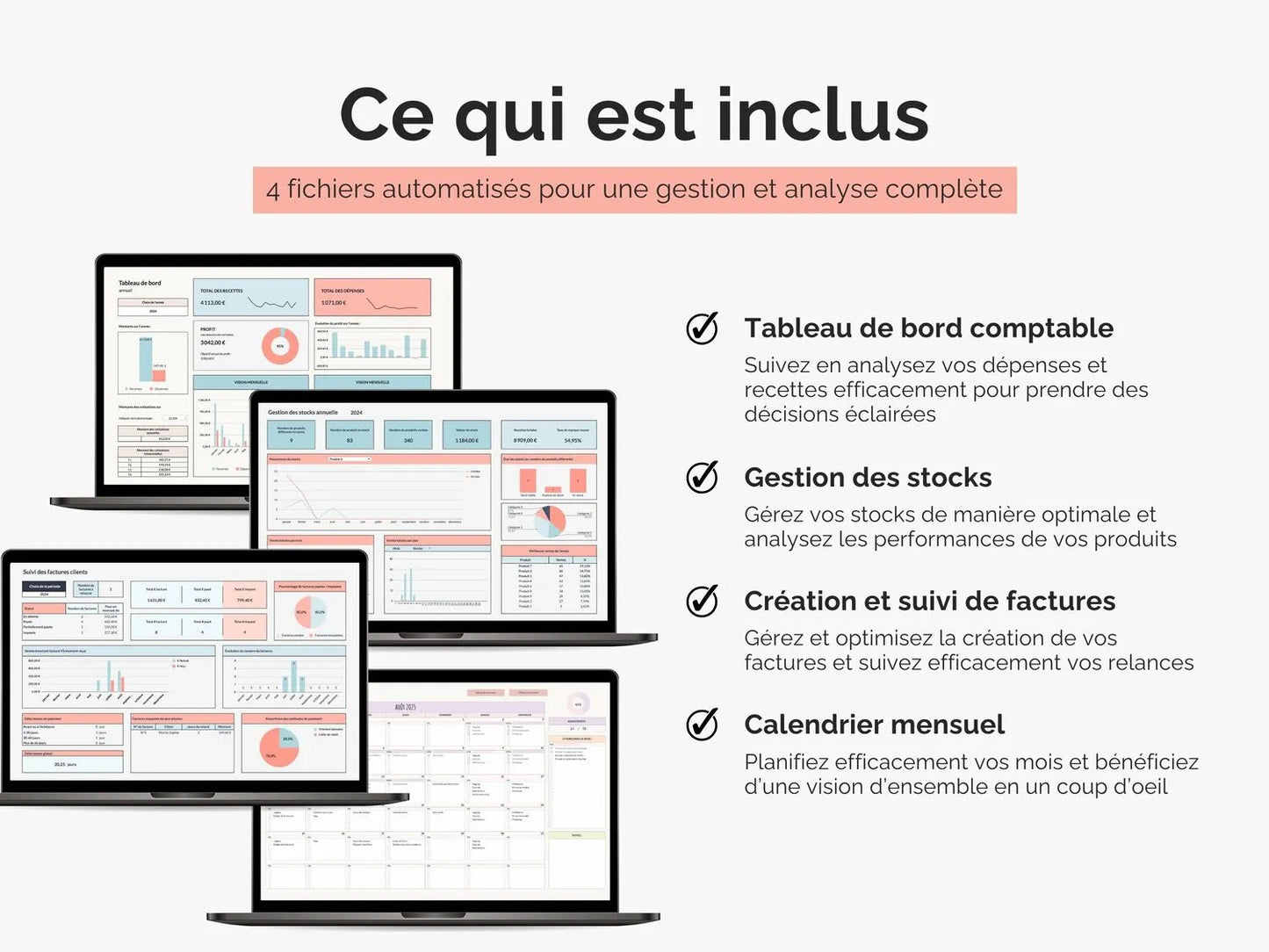 Ce qui est inclus : tableau de bord comptable, gestion des stocks, création et suivi de factures, calendrier mensuel