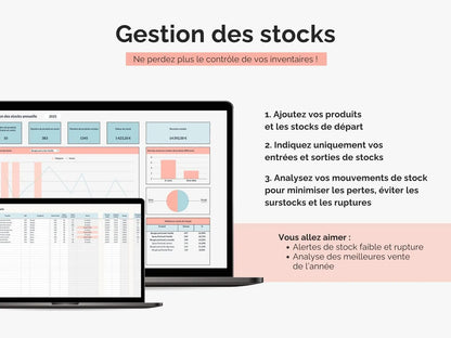 Gestion des stocks : un fichier Google Sheets avec 5 onglets pour une gestion détaillée de vos produits, des entrées et sorties de stock, et des prévisions de besoins.