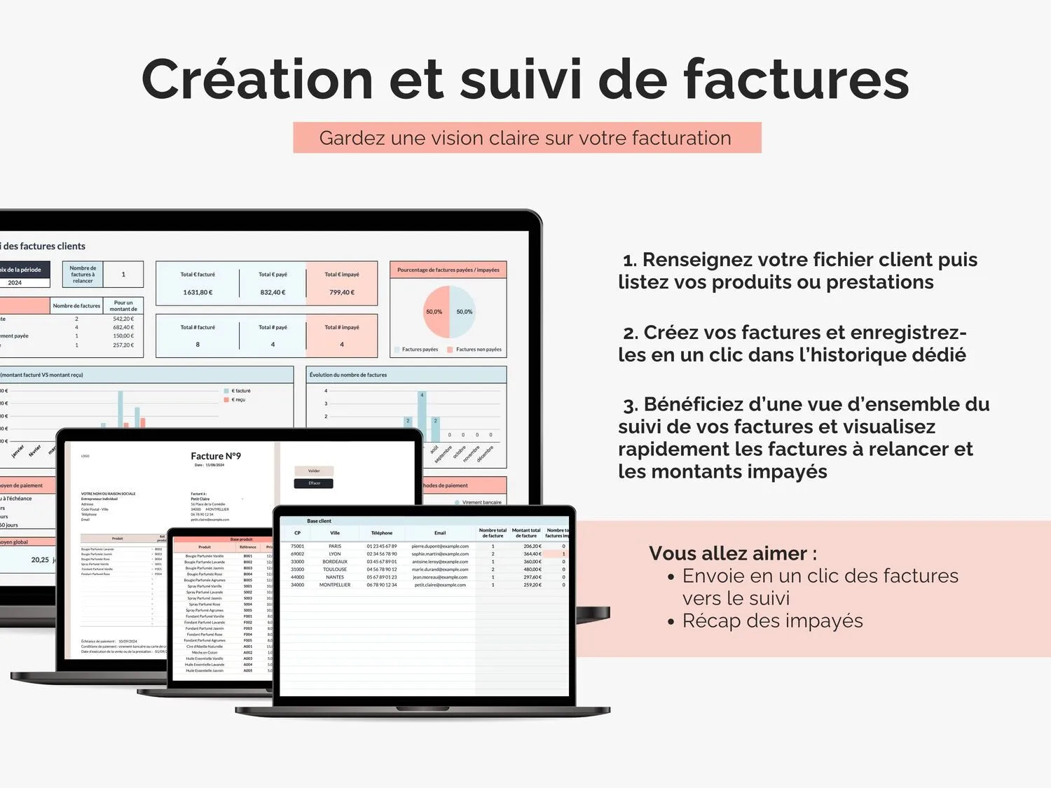 Création et suivi de factures : un fichier Google Sheets avec 8 onglets pour créer, sauvegarder et suivre vos factures, ainsi que pour gérer votre base de données clients.