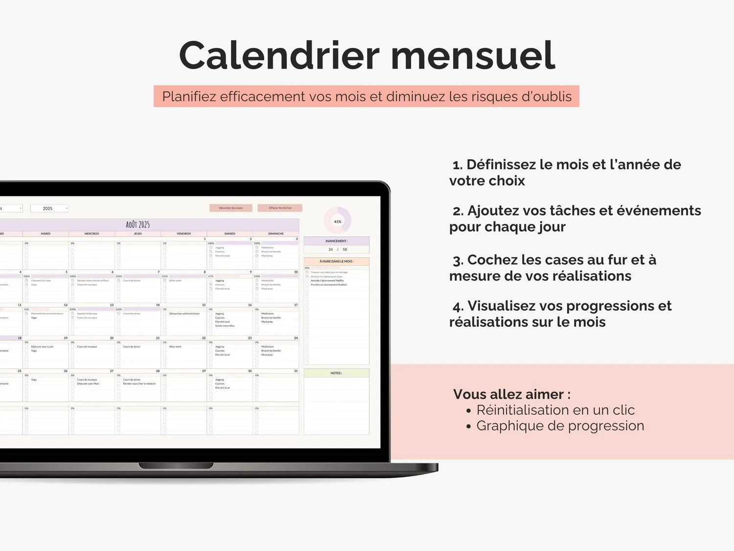 Calendrier mensuel : un fichier Google Sheets simple et efficace pour planifier vos tâches mensuelles, avec des barres de progression et des zones de notes.