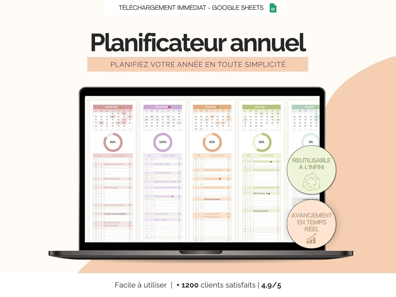 Planificateur annuel Google Sheets | Calendrier 12 mois planner digital agenda