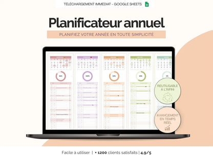 Planificateur annuel Google Sheets | Calendrier 12 mois planner digital agenda