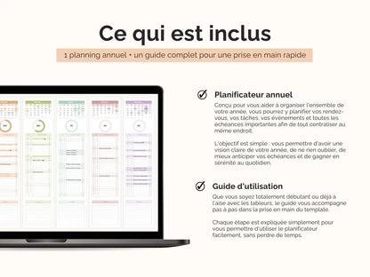 Conçu pour vous aider à organiser l'ensemble de votre année, vous pourrez y planifier vos rendez-vous, vos tâches, vos événements et toutes les échéances importantes afin de tout centraliser au même endroit.

L'objectif est simple : vous permettre d'avoir une vision claire de votre année, de ne rien oublier, de mieux anticiper vos échéances et de gagner en sérénité au quotidien.