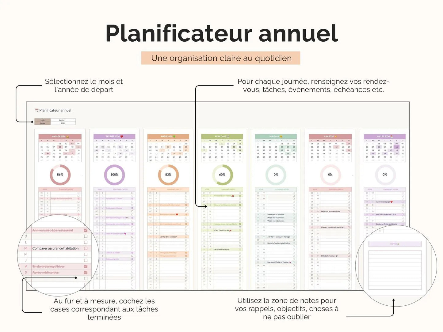 Pour chaque journée, renseignez vos rendez-vous, tâches, événements, échéances etc.
Au fur et à mesure, cochez les cases correspondant aux tâches terminées.
Utilisez la zone de notes pour vos rappels, objectifs, choses à ne pas oublier.