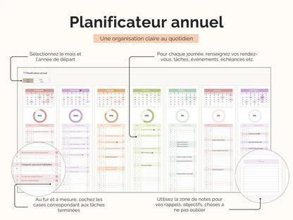 Pour chaque journée, renseignez vos rendez-vous, tâches, événements, échéances etc.
Au fur et à mesure, cochez les cases correspondant aux tâches terminées.
Utilisez la zone de notes pour vos rappels, objectifs, choses à ne pas oublier.