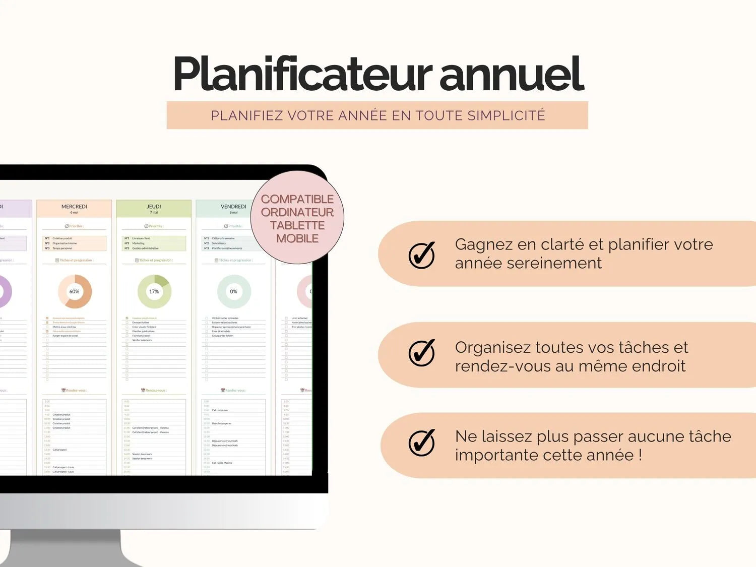 Grâce au template planificateur annuel, organisez toutes vos tâches et 
rendez-vous au même endroit. Gagnez en clarté et planifier votre année sereinement.