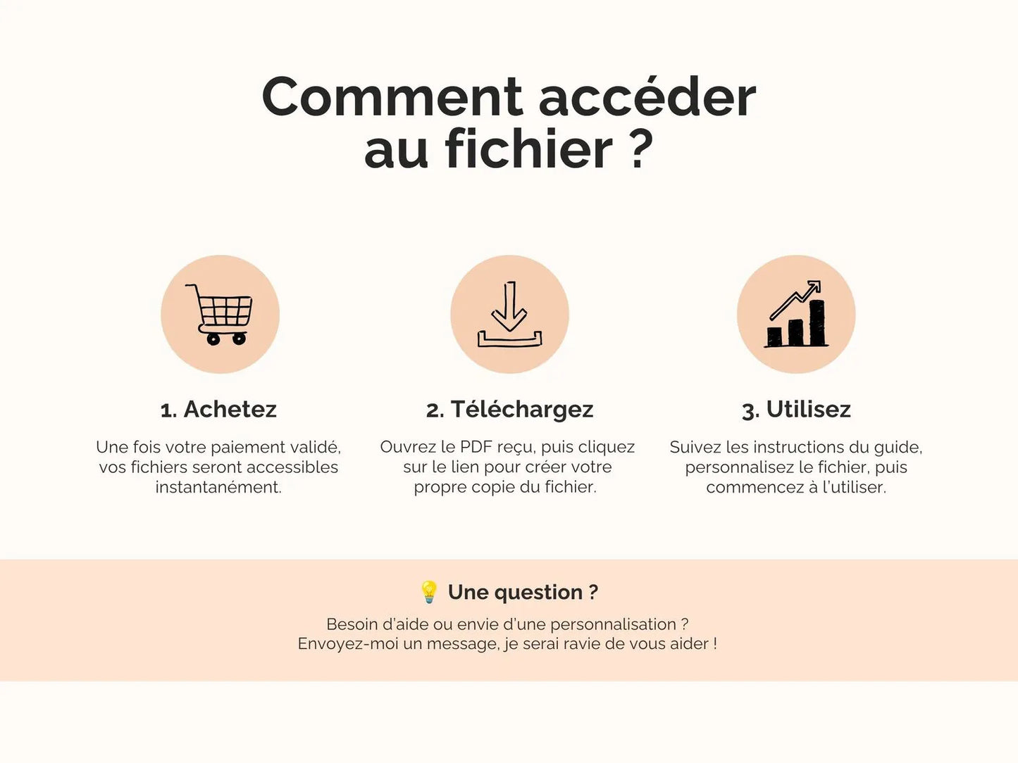 Comment accéder au fichier ?
Une fois votre paiement validé, vos fichiers seront accessibles instantanément.
Ouvrez le PDF reçu, puis cliquez sur le lien pour créer votre propre copie du fichier. 
Suivez les instructions du guide, personnalisez le fichier, puis commencez à l’utiliser.