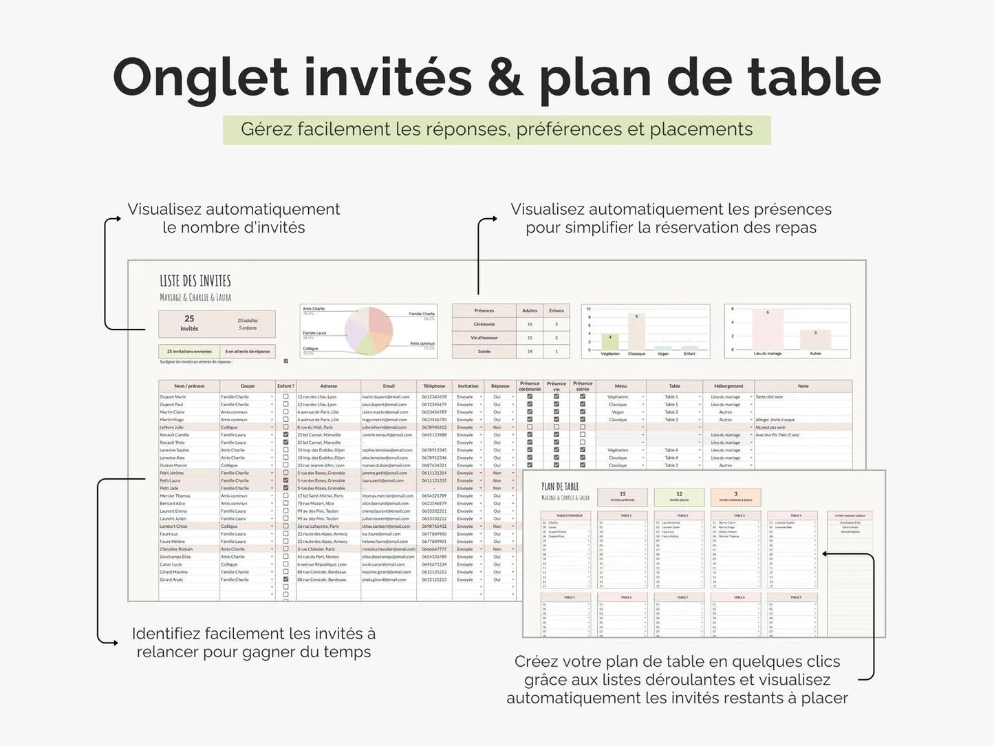 Suivi des invités et plan de table mariage Google sheets