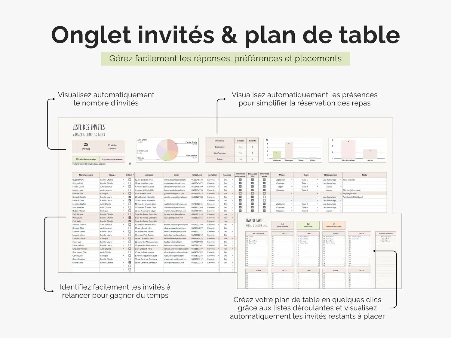 Suivi des invités et plan de table mariage Google sheets