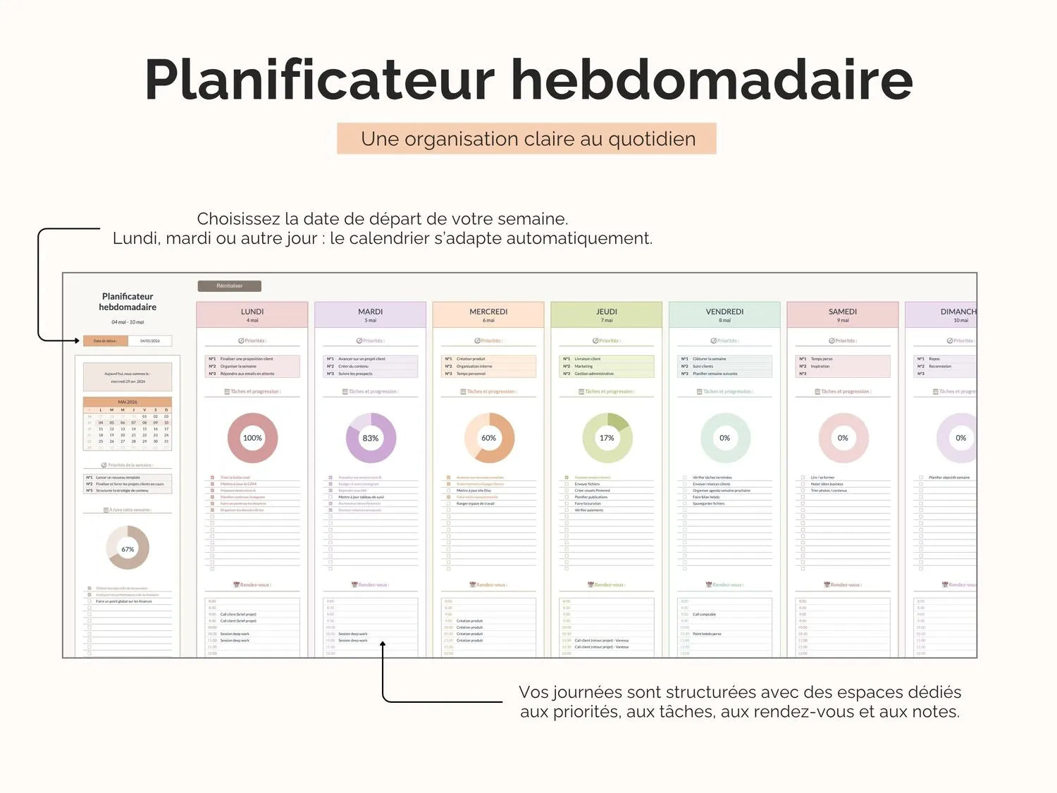 Choisissez la date de départ de votre semaine.
Lundi, mardi ou autre jour : le calendrier s’adapte automatiquement.

Vos journées sont structurées avec des espaces dédiés aux priorités, aux tâches, aux rendez-vous et aux notes.