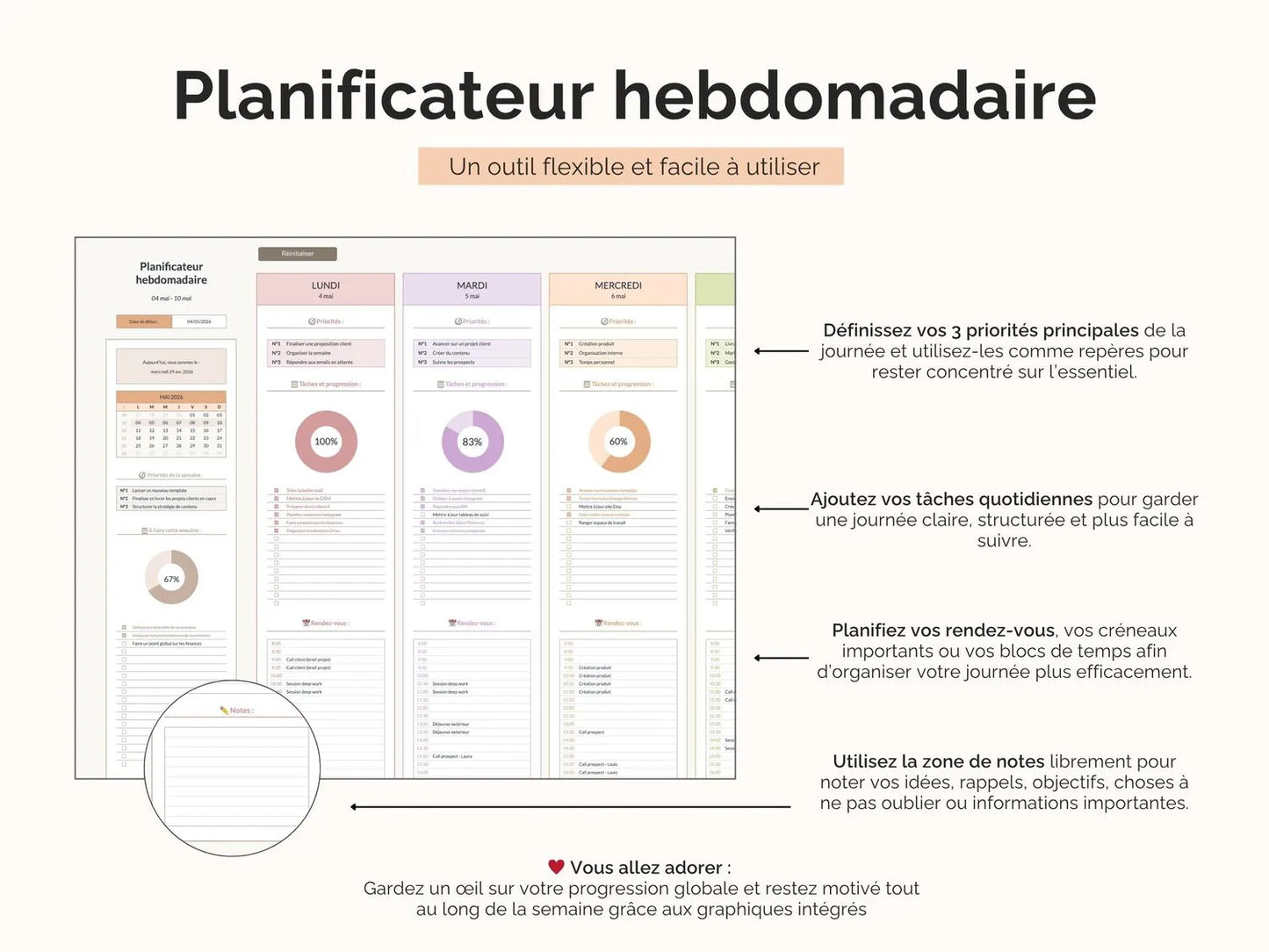 Définissez vos 3 priorités principales, ajoutez vos tâches quotidiennes, planifiez vos rendez-vous, et bien plus !